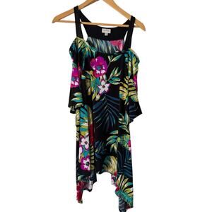 Avenue Plus Sz 30/32 Black Multi Tropical Floral Cold Shoulder Asymmetrical Top